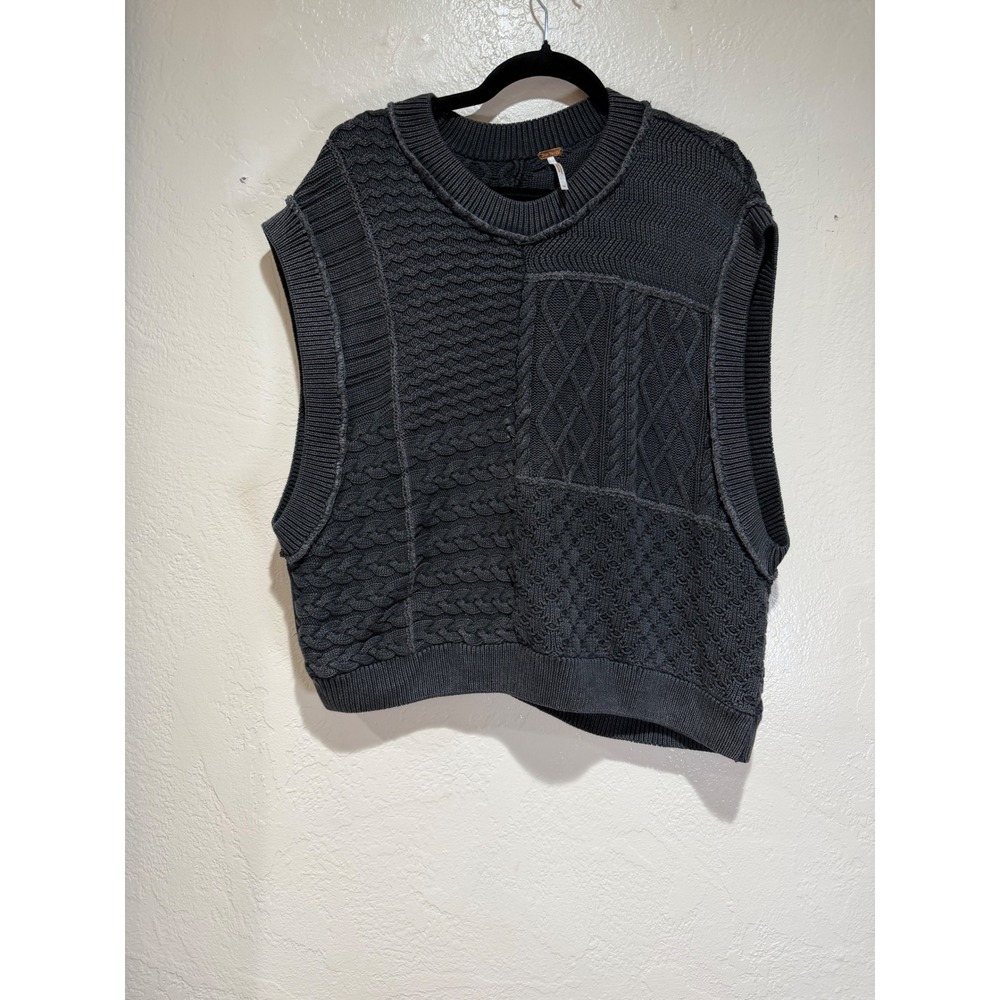 Free People Mixed Patchwork Cable Knit‎ Sweater Vest Charcoal Grey Womens Medium